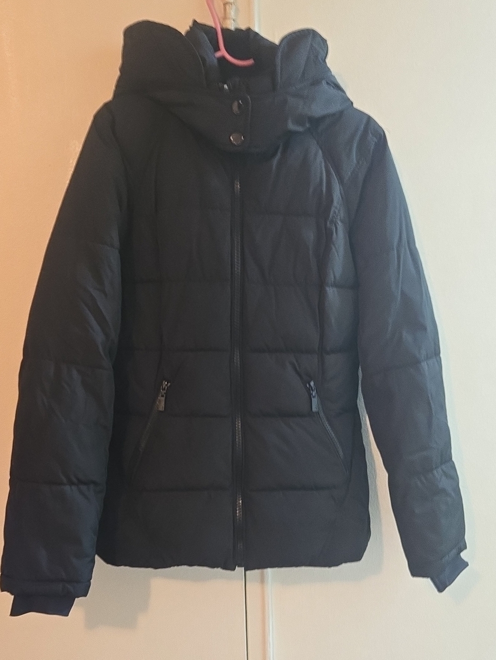 Women's Black Puffer Bomber Jacket with Large Hood